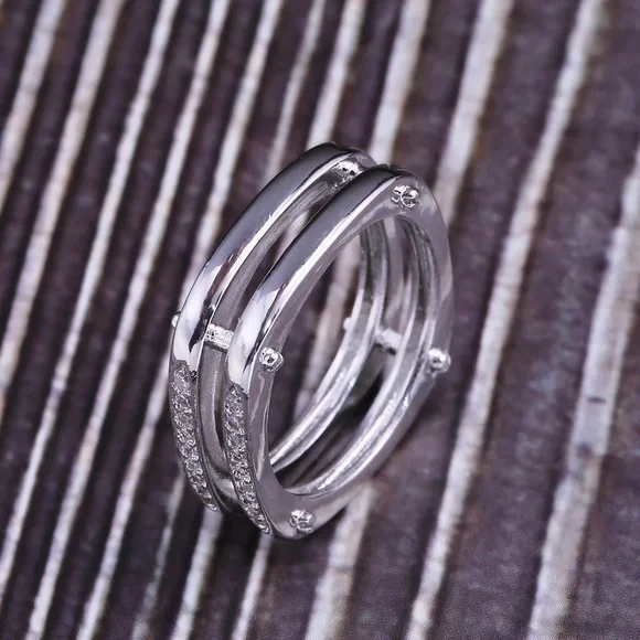 New 925 Silver Double Layer Men Women Diamond Ring - Picture 3 of 4